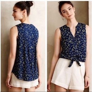 {Anthro} Banana Print Navy Button Up Tank Top